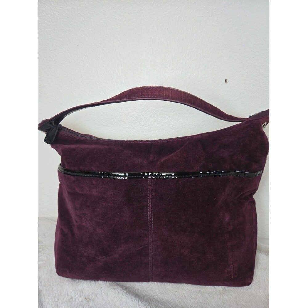 Vintage Y2K Lauren Ralph Lauren Burgundy Velvet Hobo Bag Black Patent Trim